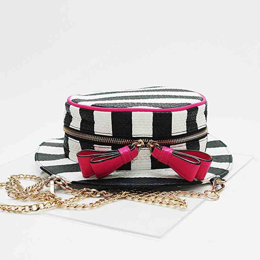 Unique Betsy Johnson Whimsical  Straw Hat Handbag Strips Pink Trim Cross…